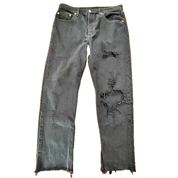 LEVIS 501 Big E Tag Premium Black Distressed Crop Jean Button Fly 32x26 Vintage - Picture 1 of 16